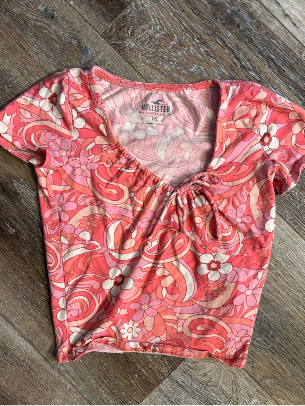 Hollister Coral & Pink Floral Tie-Neck baby cropped tee XS boho  whimsical y2k